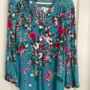 Floral Teal Blouse with Pink Accents